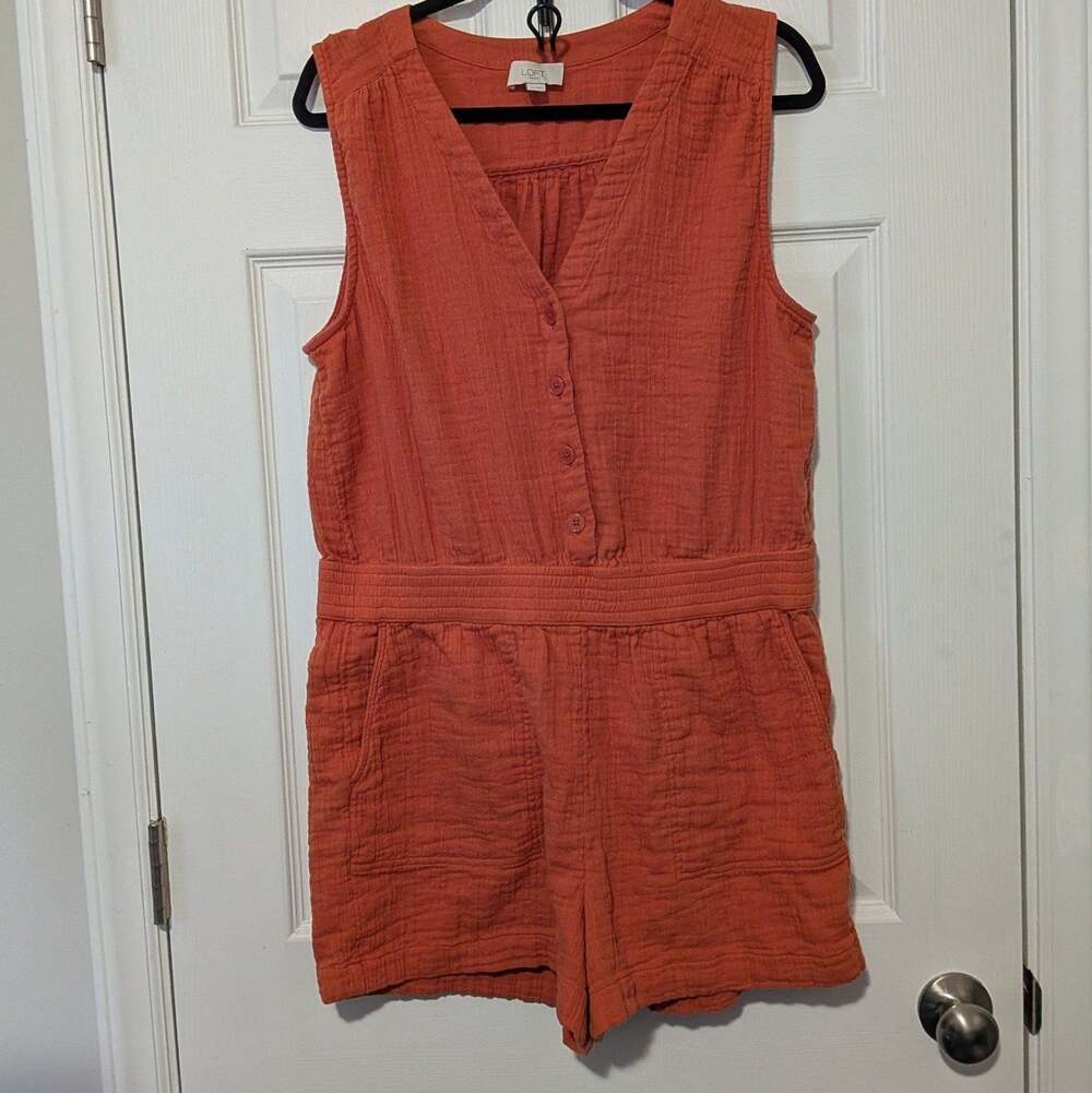 Loft Terracotta Rust Cotton Gauze Button Front Romper Size XL Sleeveless